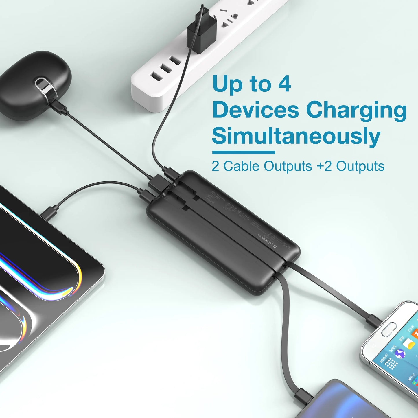 Portable Charger 10000mAh with Built-in Cables - 22.5W Fast Charging Power Bank, 4 Outputs 2 Inputs for iPhone, Samsung, Google Pixel and iPad