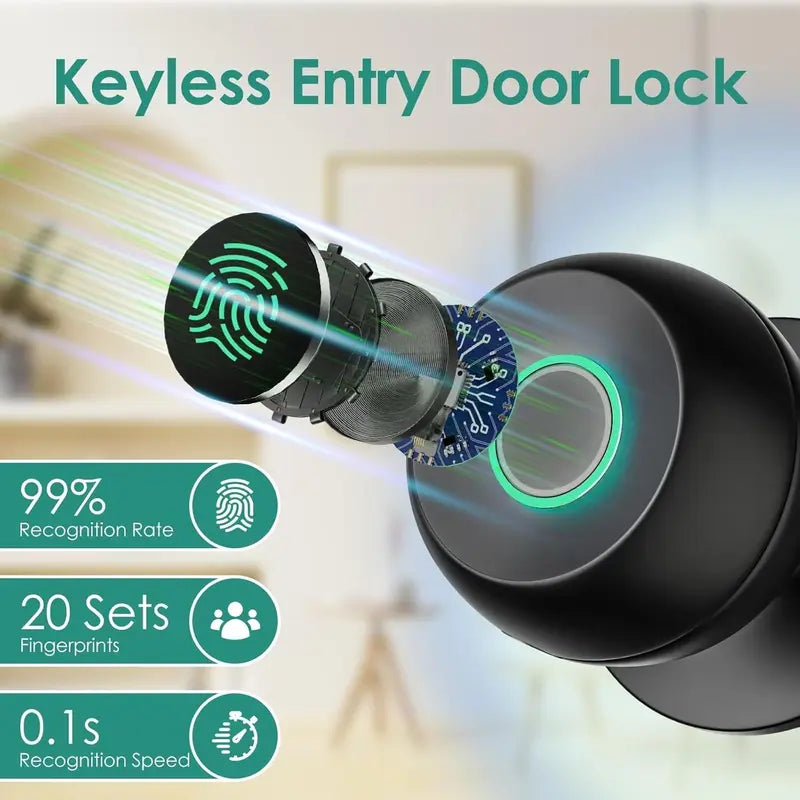 Smart Fingerprint Door Knob with App Control - Biometric Keyless Door Lock with Auto Lock for Bedroom, Home and Office