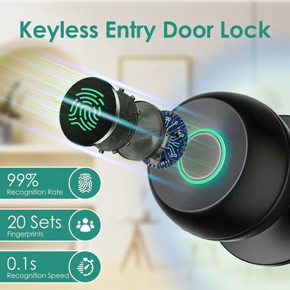 Smart Fingerprint Door Knob with App Control - Biometric Keyless Door Lock with Auto Lock for Bedroom, Home and Office