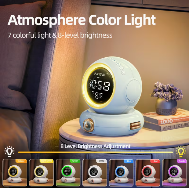 Wake-Up Light Alarm Clock with Wireless Speaker – Dual Alarms, FM Radio, Sunrise Simulation, Snooze, 8 Brightness Levels, 6 Soothing Sounds, ABS Bedside Clock