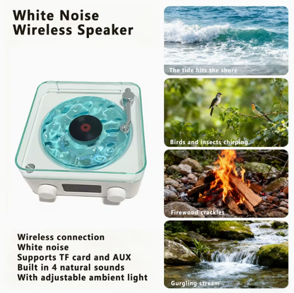 Multifunctional White Noise Speaker – 4 Natural Sounds, Adjustable Ambient Lighting, Wireless Audio, 4 Play Modes, Retro Turntable Design