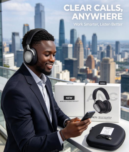 PX71 ANC Over-Ear Bluetooth Headphones - Metallic Finish with Curved Hook Design and Active Noise Cancelling