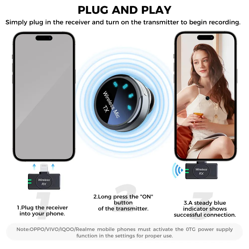 Wireless Lavalier Microphone for iPhone/Android/Camera/PC/Laptop, 30H Battery Life, 1000ft Range, Noise Cancellation, Button Size Lapel Microphone for iPhone/iPad/Video Recording/Streaming/YouTube