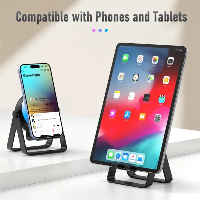 Wireless Induction Speaker, Cell Phone Stand with Bluetooth Speaker, Stereo Sound, RGB Ambient Light, Phone Holder Compatible with iPhone/iPad/Android/Samsung Galaxy-Black Adjustable Anniversary, Birthday, Audio