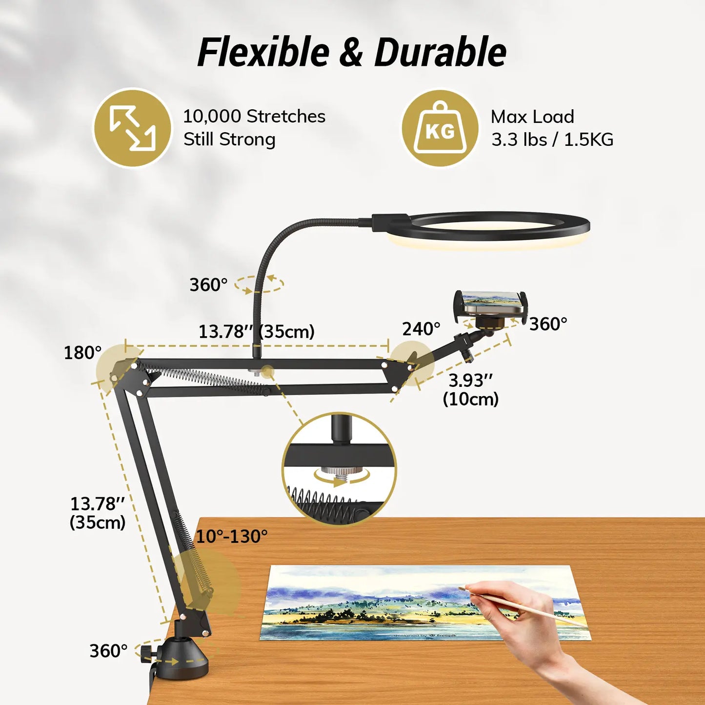 Overhead Ring Light Kit with Boom Arm and Phone Holder - Adjustable Angle for Recording, Live Stream, Makeup and Nail Art