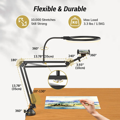 Overhead Ring Light Kit with Boom Arm and Phone Holder - Adjustable Angle for Recording, Live Stream, Makeup and Nail Art