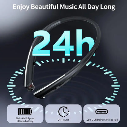 Retractable Bluetooth Neckband Headphones - Noise Cancelling Wireless Sports Earbuds with Microphone, IPX5 Sweat Resistant for iPhone, Android, Samsung and PC (Black)