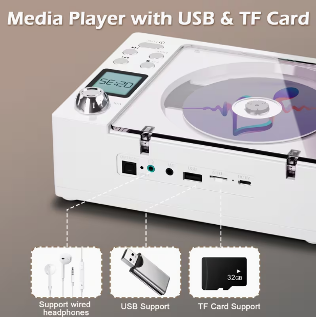 Multifunctional CD Player with Dual Stereo Speakers – USB/AUX Input, FM Radio, Type-C Charging, LED Display, Remote Control, Bluetooth Receiver & Stereo Earphone Jack