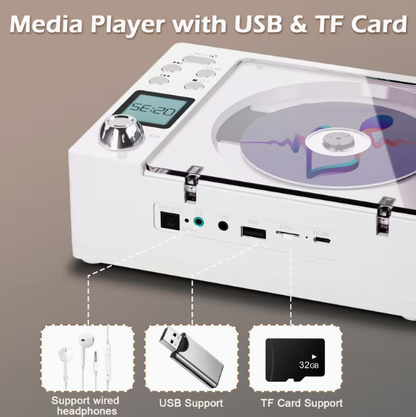 Multifunctional CD Player with Dual Stereo Speakers – USB/AUX Input, FM Radio, Type-C Charging, LED Display, Remote Control, Bluetooth Receiver & Stereo Earphone Jack