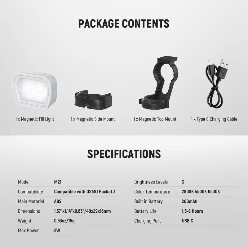 NEEWER M21 Magnetic Auxiliary Light Compatible with DJI OSMO Pocket 3 Gimbal Camera Creator Combo, Rechargeable Mini LED Fill Light Attachment for Selfie Vlog Video Recording, USB C Charging