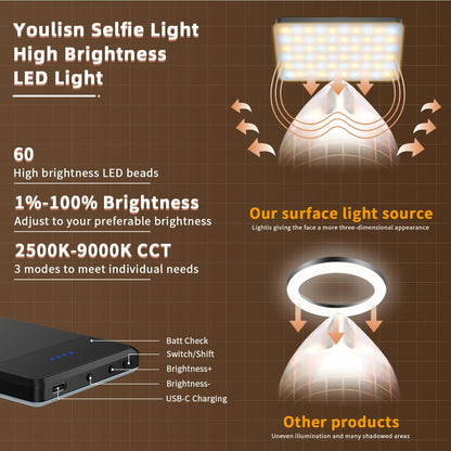 Portable Selfie Light – LED Bi-Color Fill Light, USB Rechargeable Clip-on Phone Light, 2000mAh for Selfie & Video