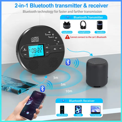 Portable CD Player with Bluetooth 5.1 – Stereo Sound, FM Transmitter, 2000mAh Battery, Anti-Skip Protection, AUX/USB Ports, LCD Display – for Car & Home, Great Gift