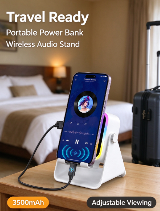 5in1 Wireless Induction Audio Speaker Stand, 3500mAh Emergency Power Bank, 360° Adjustable Phone Tablet Holder with Colorful Ambient Light, Gifts for Men Women