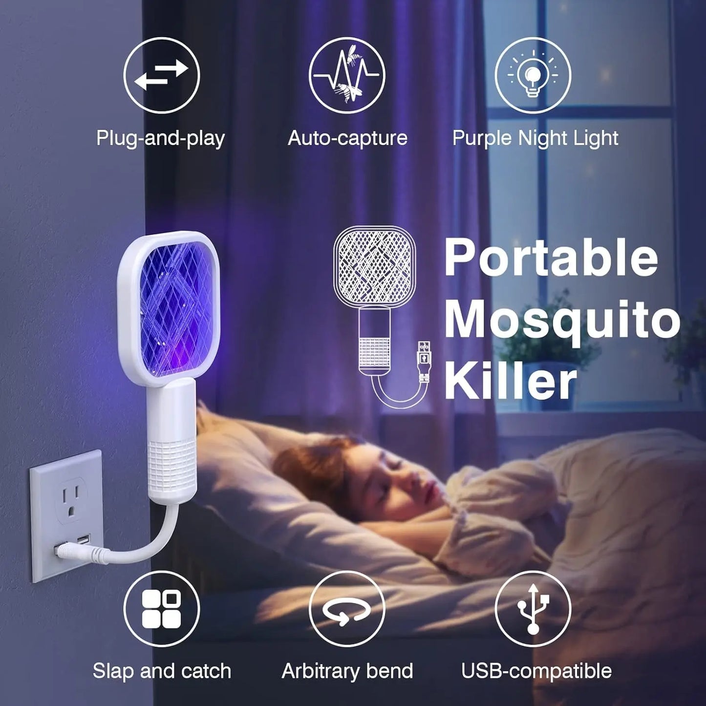 2-Pack USB Mini Mosquito Swatter - 2-in-1 Portable Bug Killer Bat with UV-A Light, USB Power LED Lamp for Indoor Mosquito Trapping