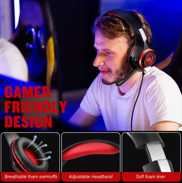 Gaming Headset with Noise-Canceling Mic – Deep Bass Stereo Sound, Compatible with PS4/PS5/Xbox One/Switch/PC