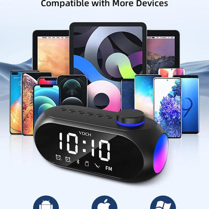 Bluetooth Speaker with Dual Alarm Clock – FM Radio, TF Card Slot, AUX Input, LED Mood Light – Digital Bedside Clock for Bedroom, Home, Travel