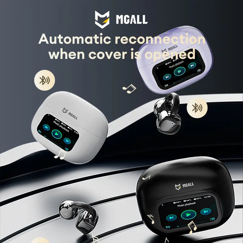 MGALL C02 Clip-On Ear Headphones – LCD Full Color Touch Screen, Bluetooth 6.0, Wireless Audio for Music & Calls