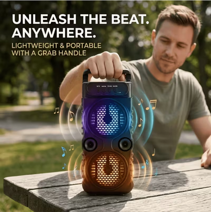 Portable Wireless PA Speaker with RGB Light – Built-in Battery & Handle, TWS Stereo, USB/TF/FM/Mic Input, Compact Subwoofer for Party, Camping & Outdoor