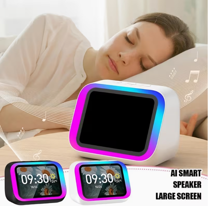 AI Smart Speaker & Alarm Clock with Wireless Speaker – Dynamic RGB Light, Hi-Fi Stereo Sound, HD Smart Display, Answer/Make Calls, Voice Assistant, Period Tracker, 2500mAh Battery, Portable Bedside Digital Clock
