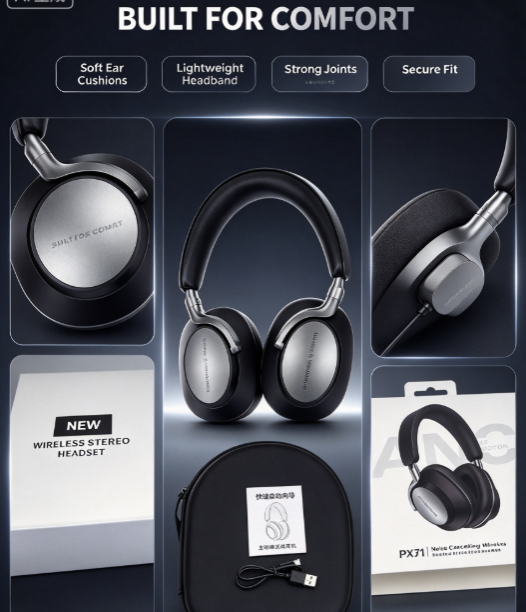 PX71 ANC Over-Ear Bluetooth Headphones - Metallic Finish with Curved Hook Design and Active Noise Cancelling