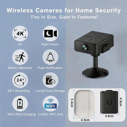 Mini WiFi Surveillance Camera with Strong Magnet - 2K HD, Night Vision, 3H Battery/USB Power, AI Motion Detection for iOS and Android