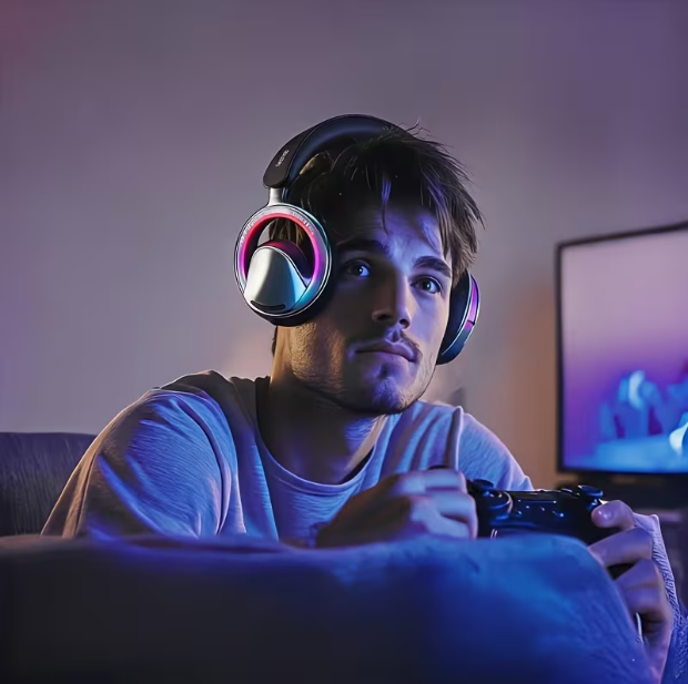 Wireless Open-Ear Gaming Headset – Bluetooth 5.4, RGB Lights, Detachable ENC Mic, Deep Bass Stereo, Foldable Lightweight, Compatible with PS5/PS4/Xbox/Switch/PC