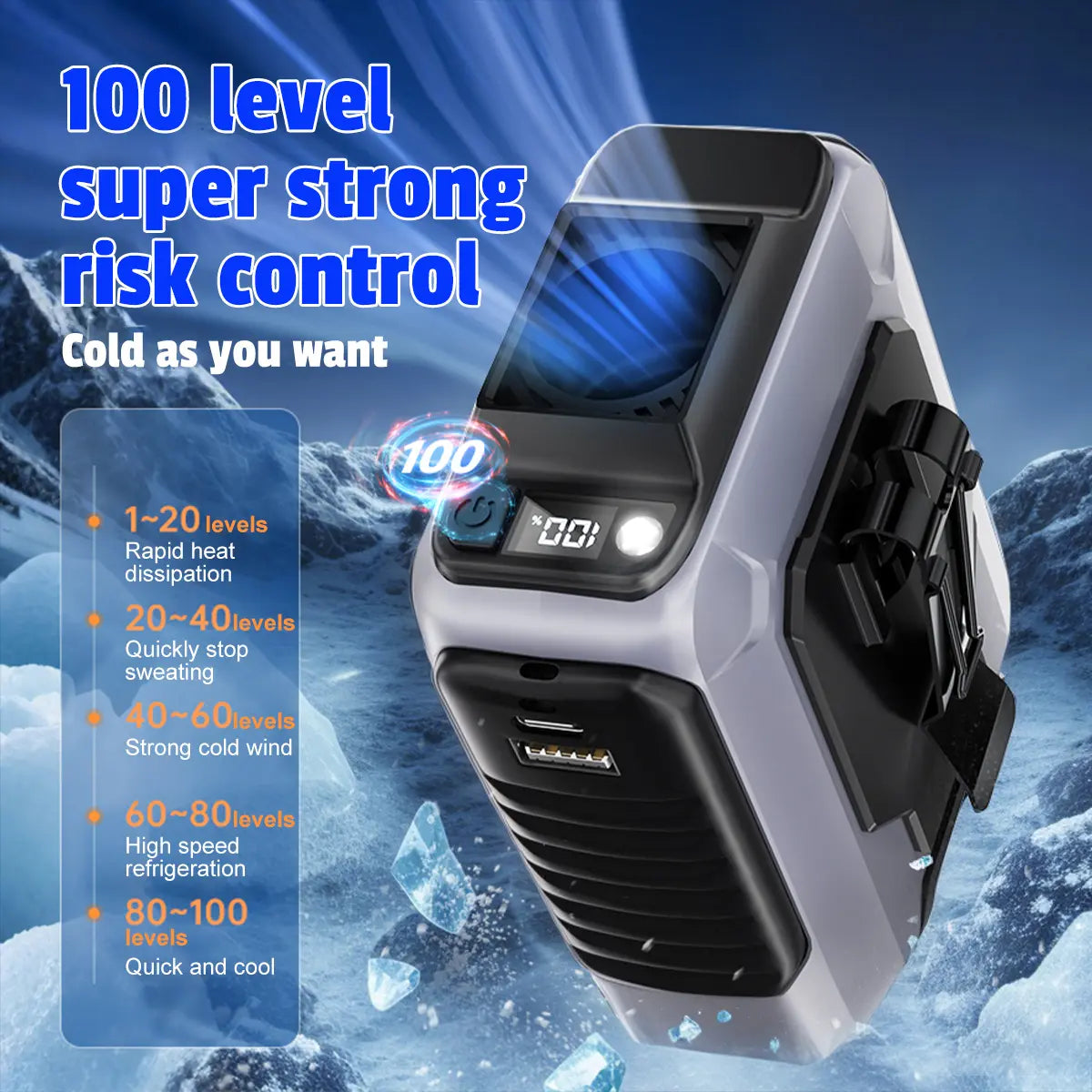 Portable Waist Clip Fan - 4-in-1 Wearable Personal Fan with 5 Speeds up to 15000RPM, USB Rechargeable Hands-Free Design with LED Light for Outdoor Work, Camping and Travel