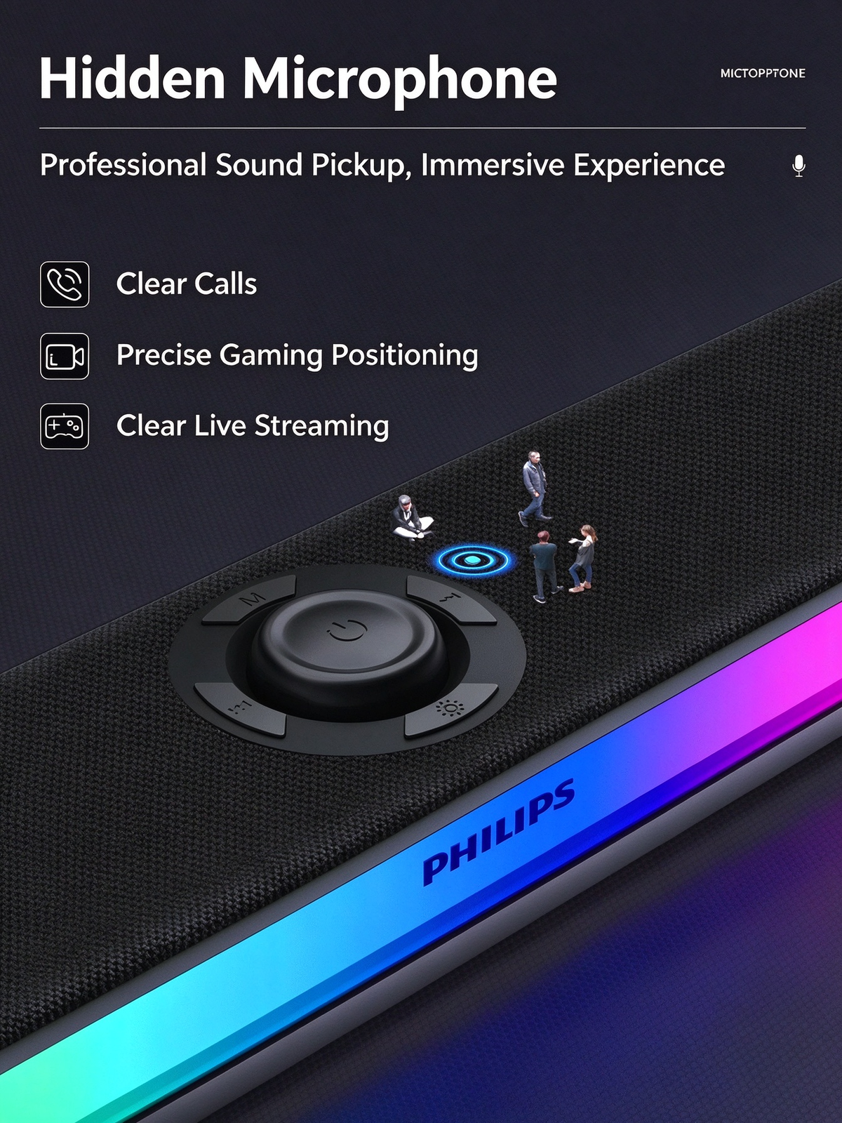 Philips Wireless Bluetooth Speaker - Desktop Long Strip Luminous RGB Gaming Esports Low Latency Soundbar for Computer, TV, Phone & Home Use