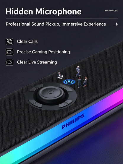 Philips Wireless Bluetooth Speaker - Desktop Long Strip Luminous RGB Gaming Esports Low Latency Soundbar for Computer, TV, Phone & Home Use