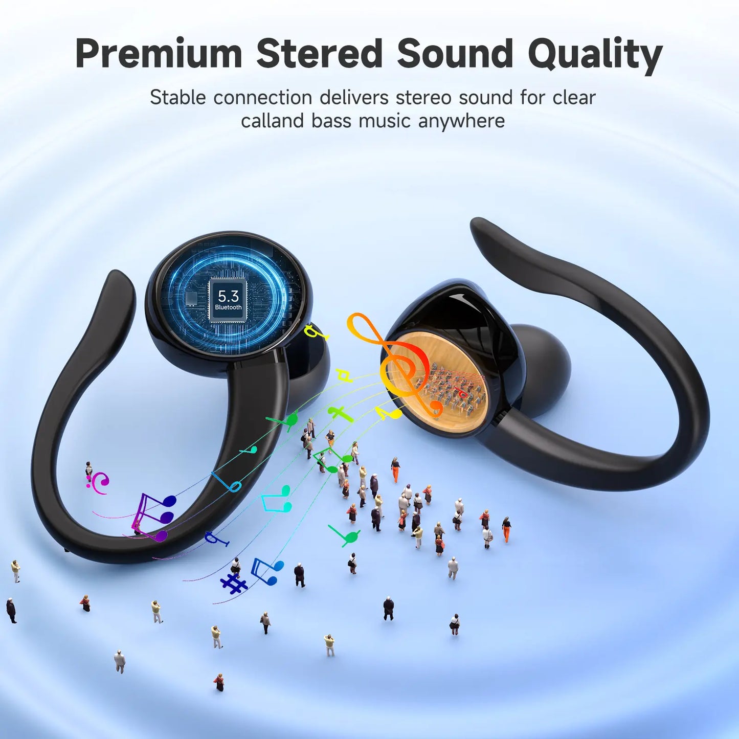 Wireless Bluetooth Earbuds - IPX7 Water Repellent, Sturdy In-Ear Headphones with Type-C Jack, Noise Reduction, 1-Year Warranty, High-Quality Audio, Hanging Ear Design (Black)