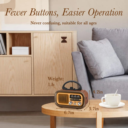 Small Retro Vintage Radio with Bluetooth – AM/FM Transistor, Solar/Battery Rechargeable, TWS, Supports TF Card & USB Playback, Great Sound