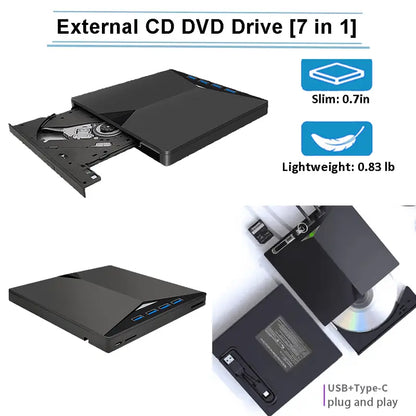7-in-1 External CD DVD Drive for Laptop and Desktop - USB 3.0 Type-C Portable DVD Burner with TF/SD Card Slots