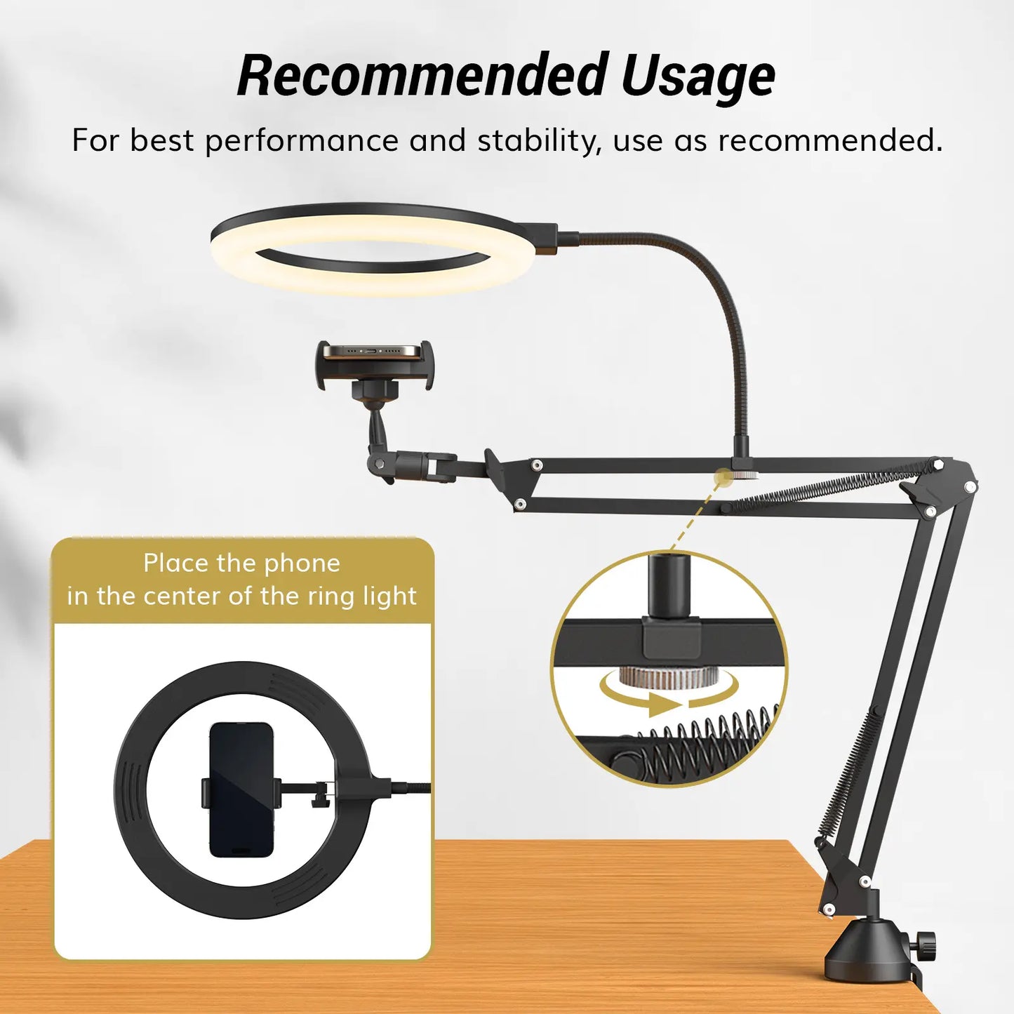 Overhead Ring Light Kit with Boom Arm and Phone Holder - Adjustable Angle for Recording, Live Stream, Makeup and Nail Art