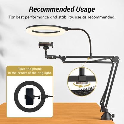 Overhead Ring Light Kit with Boom Arm and Phone Holder - Adjustable Angle for Recording, Live Stream, Makeup and Nail Art