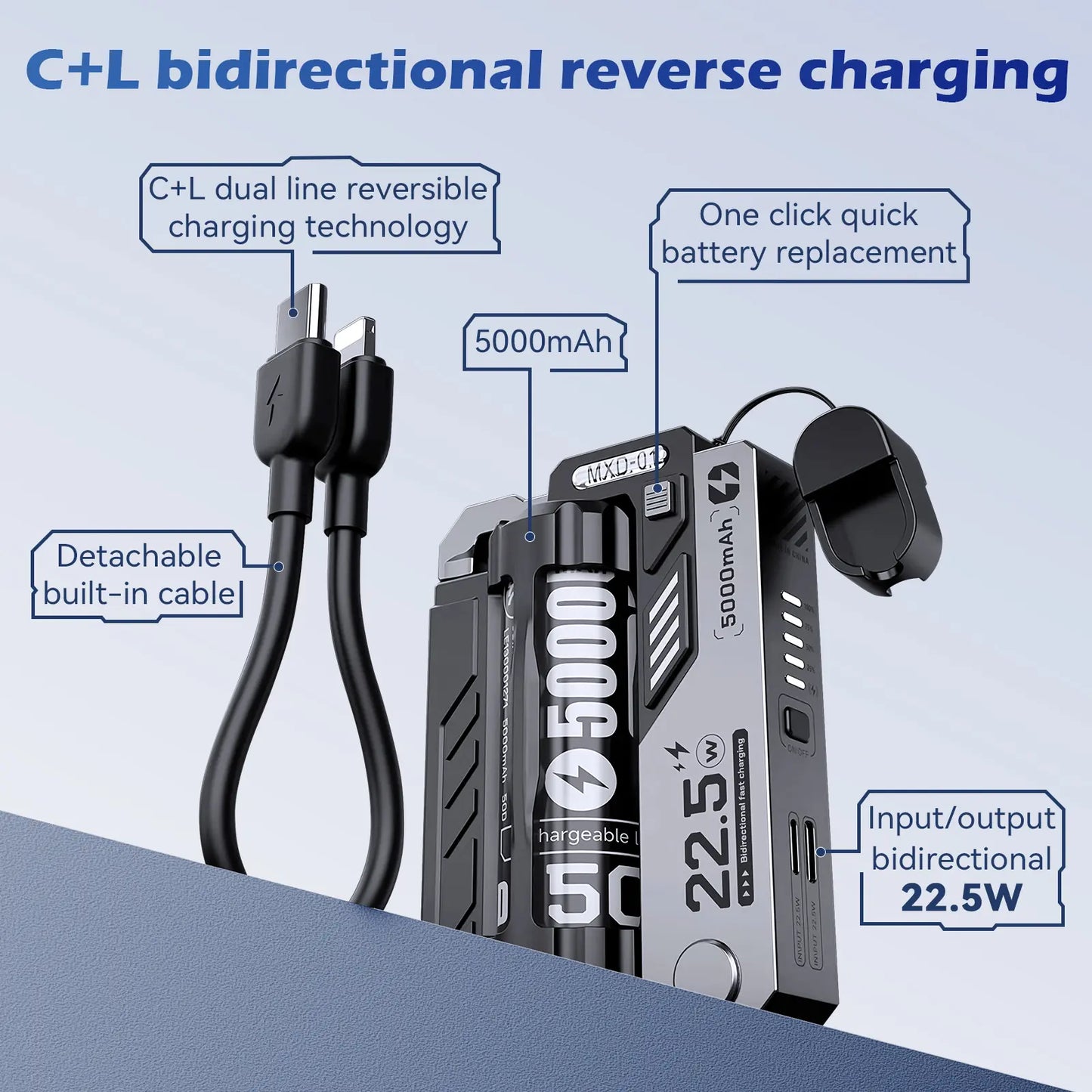 C+L Bidirectional Reverse Charging for Smartphones and Phones - Efficient Charging Method with 5000mAh Power Bank