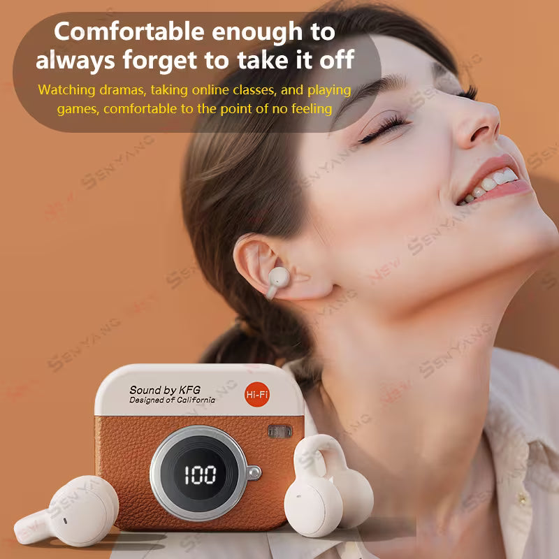 2026 Retro Cartoon‑Camera TWS Ear Clip Bluetooth Headphones – Bone‑Conduction Non‑in‑Ear, Leather Ear Hooks, 9D HIFI Stereo, Long Battery Life – Perfect for Sports & Valentine’s Day Gift, iOS & Android Compatible