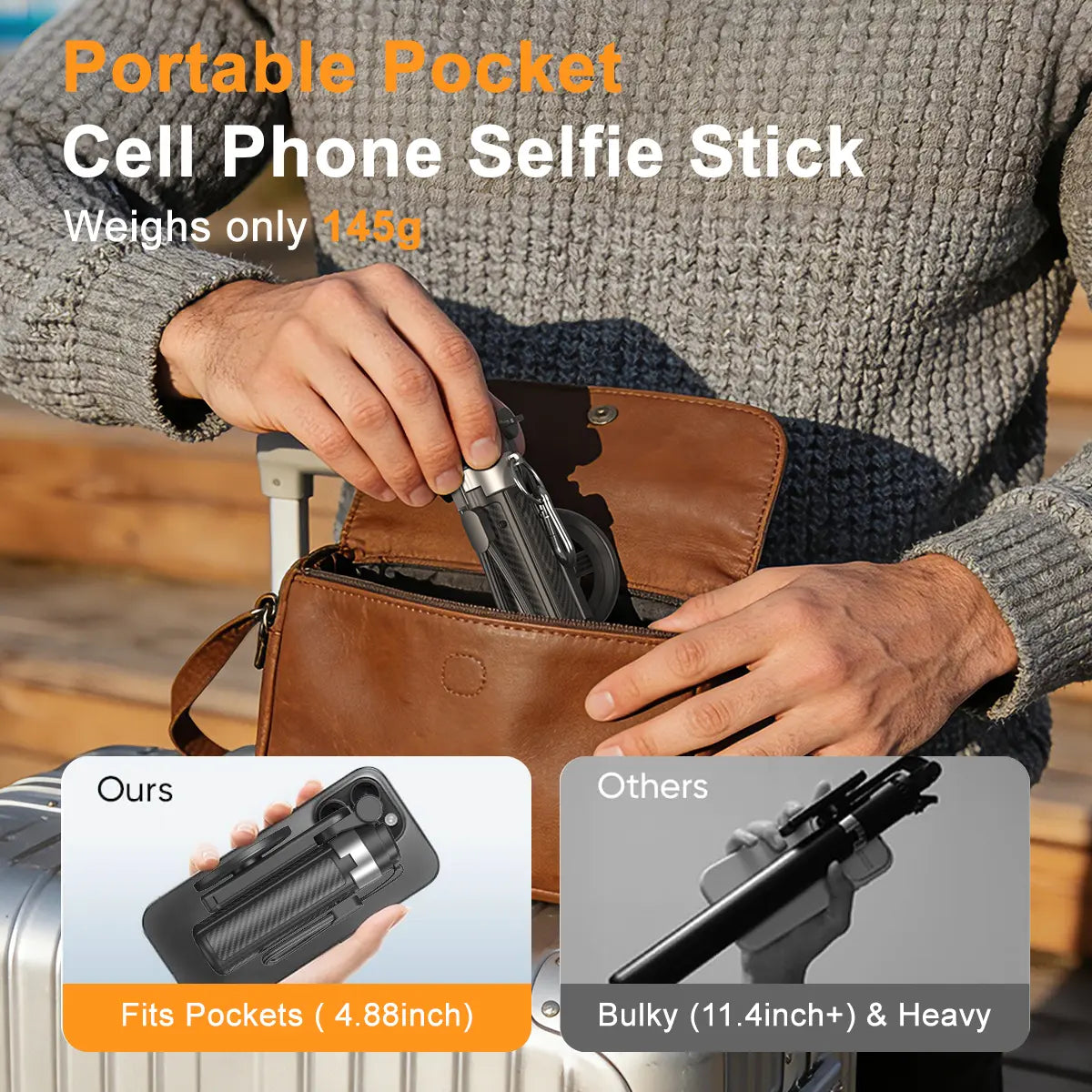 4-in-1 Magnetic Selfie Stick with Remote - 360° Rotation, Transforms into Mini Tripod, Camera Grip, Handheld Stabilizer and Phone Stand, Extends to 17.32 Inches
