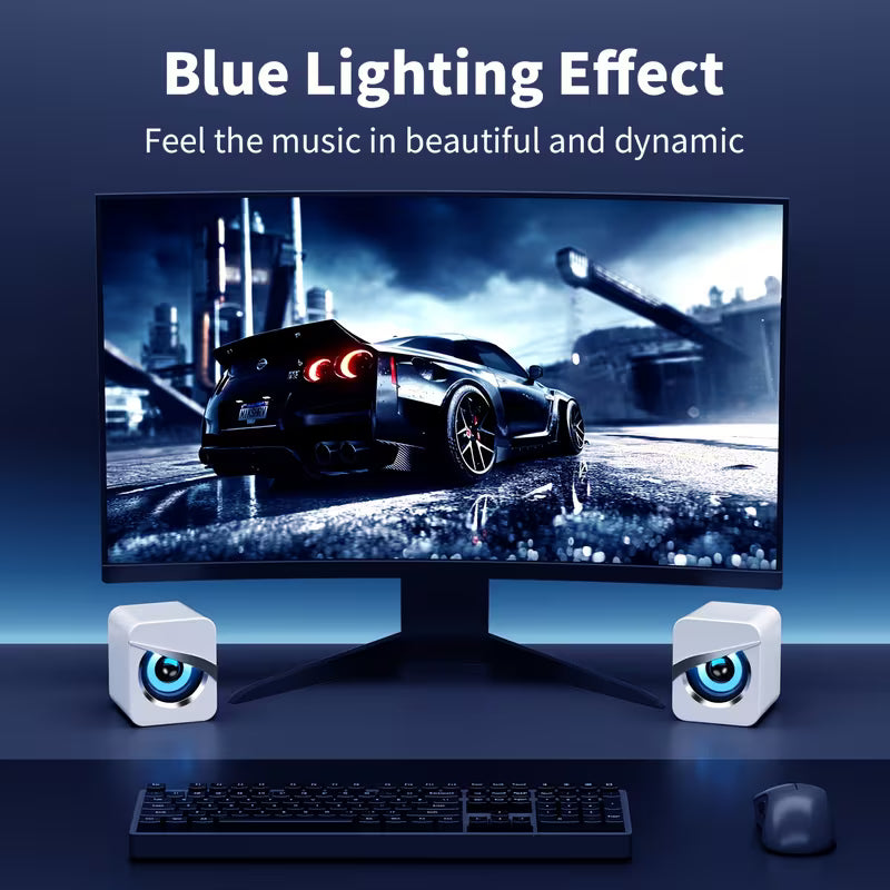 Desktop Computer Speakers – Wired Control, USB & 3.5mm AUX, LED Light Effect Mini Gaming Speaker