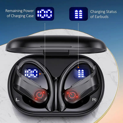 Wireless Sport Earbuds with Earhook – 30Hrs Playtime, IPX7 Waterproof, Digital Display, Built-in Mic, Stereo Sound for Workout, Running & Gym