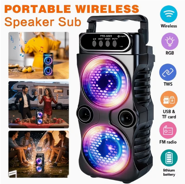Portable Wireless PA Speaker with RGB Light – Built-in Battery & Handle, TWS Stereo, USB/TF/FM/Mic Input, Compact Subwoofer for Party, Camping & Outdoor