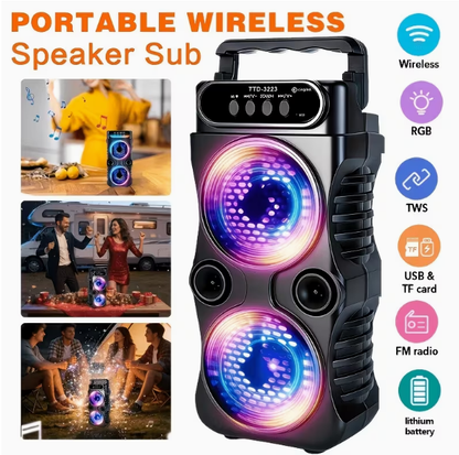Portable Wireless PA Speaker with RGB Light – Built-in Battery & Handle, TWS Stereo, USB/TF/FM/Mic Input, Compact Subwoofer for Party, Camping & Outdoor