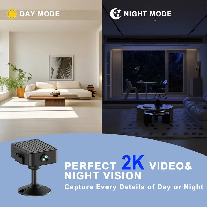 Mini WiFi Surveillance Camera with Strong Magnet - 2K HD, Night Vision, 3H Battery/USB Power, AI Motion Detection for iOS and Android