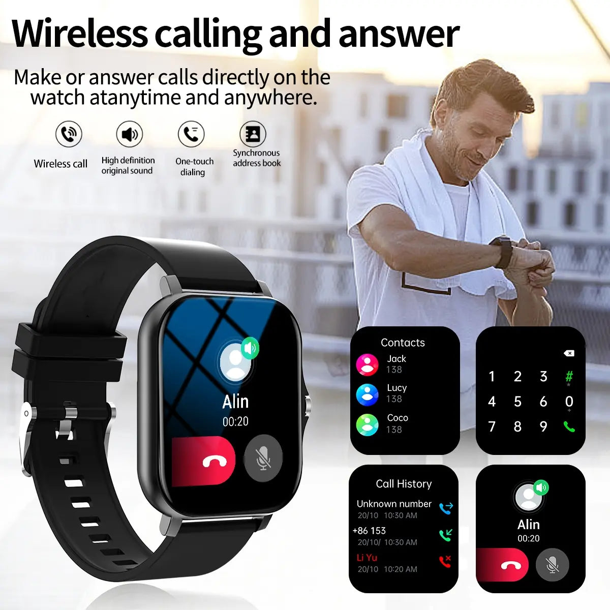 Smartwatch with Full Touch Screen – Multiple Sports Modes, BT Calls, Message Alerts, Music Player – Compatible with iOS & Android – Gift for Men & Women