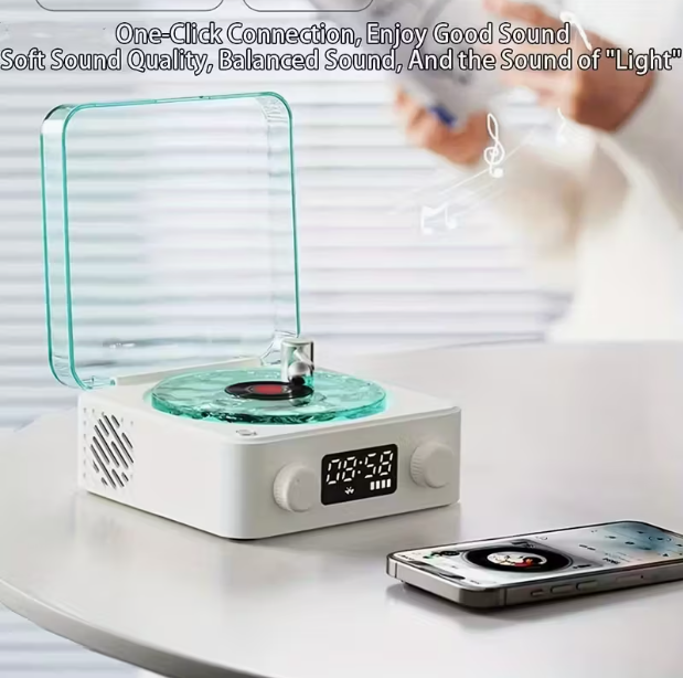 Multifunctional White Noise Speaker – 4 Natural Sounds, Adjustable Ambient Lighting, Wireless Audio, 4 Play Modes, Retro Turntable Design