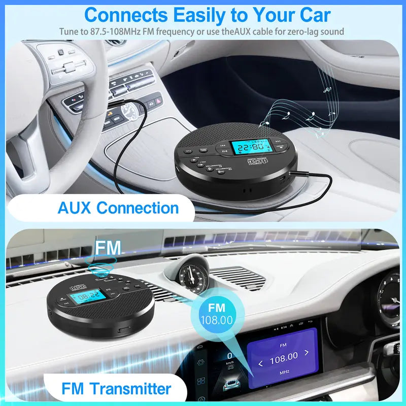 Portable CD Player with Bluetooth 5.1 – Stereo Sound, FM Transmitter, 2000mAh Battery, Anti-Skip Protection, AUX/USB Ports, LCD Display – for Car & Home, Great Gift