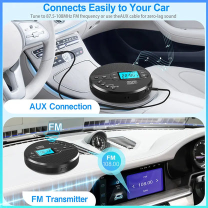 Portable CD Player with Bluetooth 5.1 – Stereo Sound, FM Transmitter, 2000mAh Battery, Anti-Skip Protection, AUX/USB Ports, LCD Display – for Car & Home, Great Gift