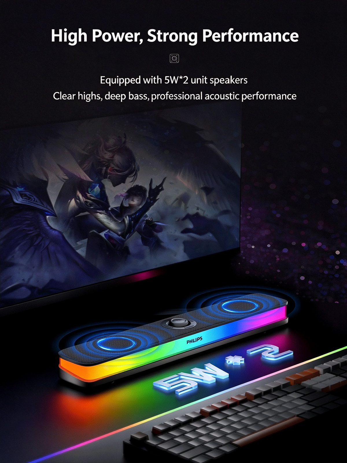 Philips Wireless Bluetooth Speaker - Desktop Long Strip Luminous RGB Gaming Esports Low Latency Soundbar for Computer, TV, Phone & Home Use