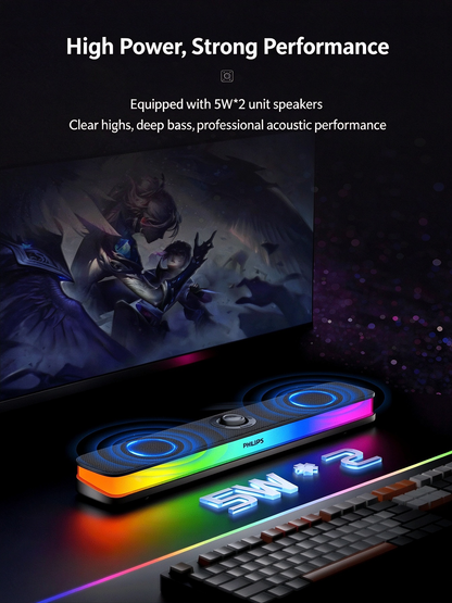 Philips Wireless Bluetooth Speaker - Desktop Long Strip Luminous RGB Gaming Esports Low Latency Soundbar for Computer, TV, Phone & Home Use