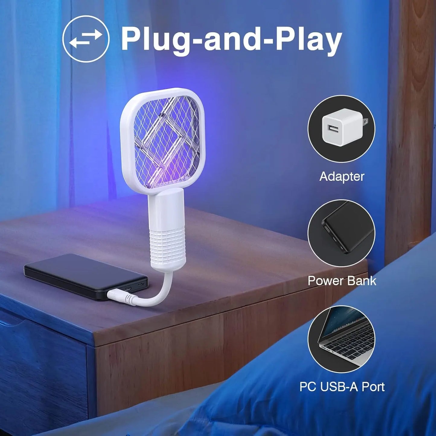 2-Pack USB Mini Mosquito Swatter - 2-in-1 Portable Bug Killer Bat with UV-A Light, USB Power LED Lamp for Indoor Mosquito Trapping