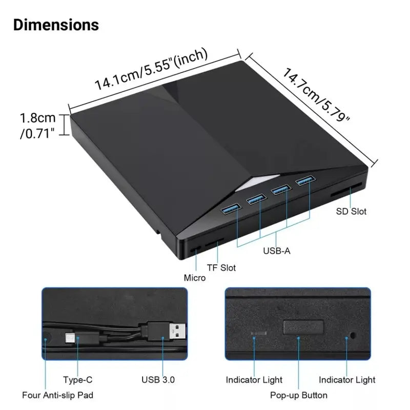 7-in-1 External CD DVD Drive for Laptop and Desktop - USB 3.0 Type-C Portable DVD Burner with TF/SD Card Slots